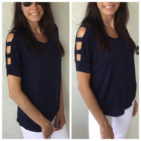 Medium Navy Ladder Cut Out Sleeve Top - Picture 3 of 3