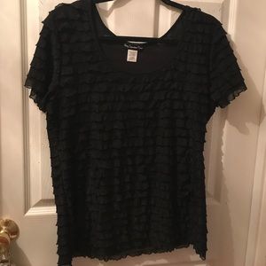 Black rippled shirt, and black Lacey lined skirt