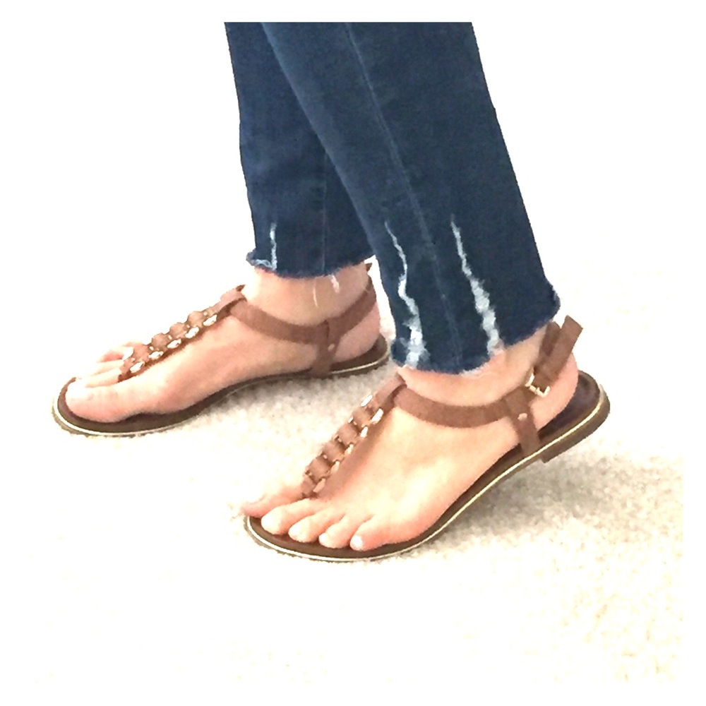 Aldo tan leather t-strap chain sandals