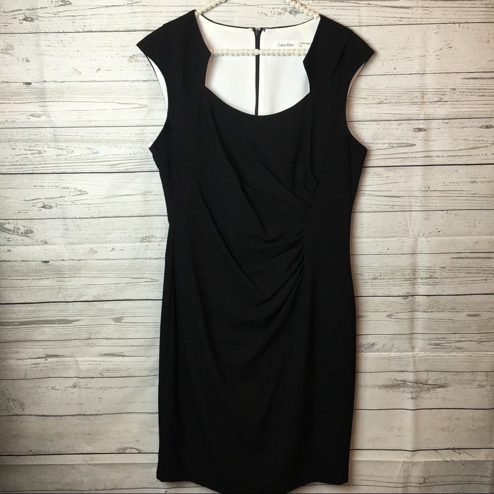 [Calvin Klein]Black Sheath Cap Sleeve Career Dress