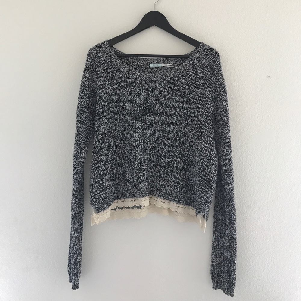 Black crop sweater with lace bottom trim