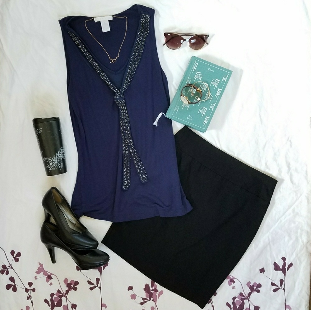 Navy Blue Faux Tie V Neck Tank Blouse