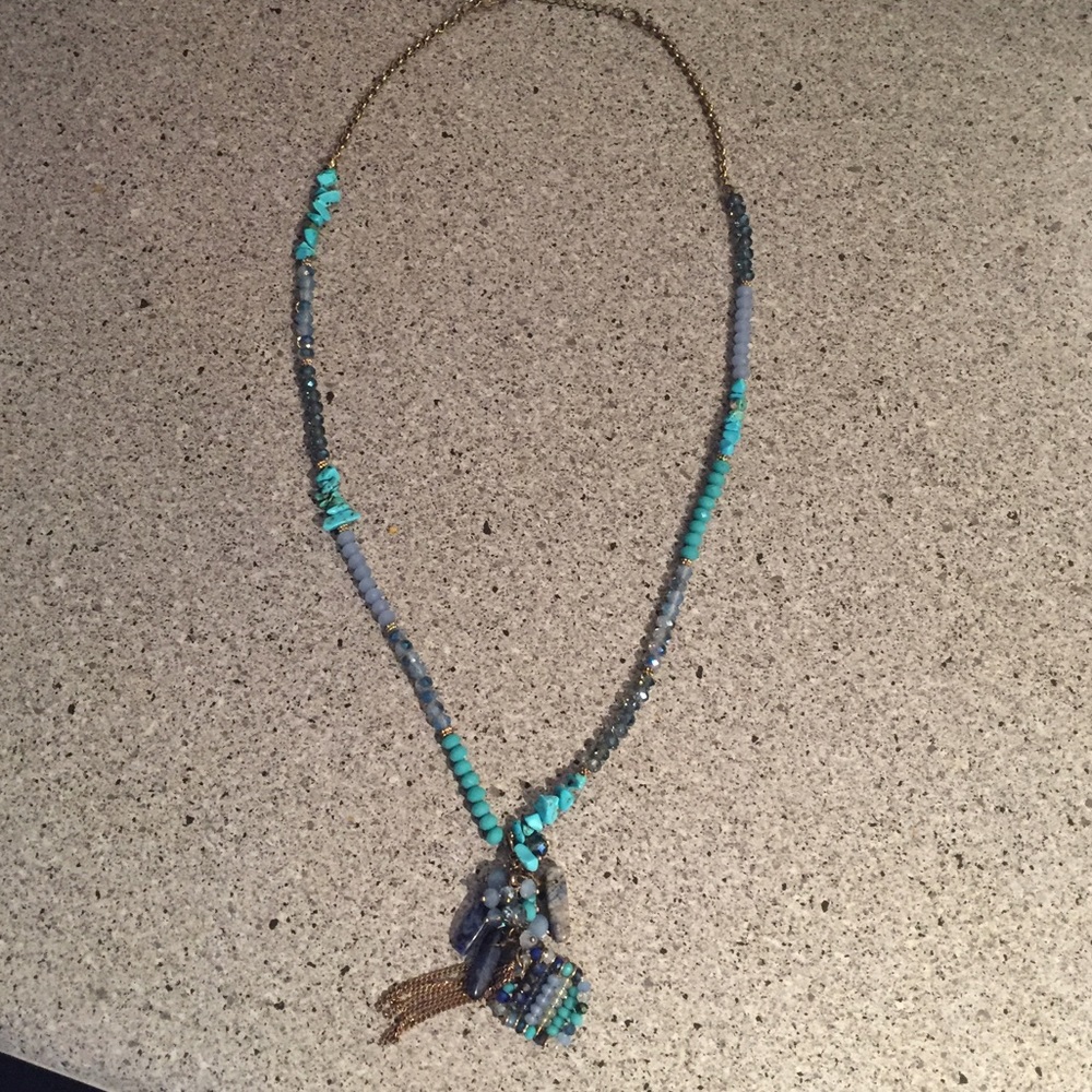 Turquoise blue long tassel necklace