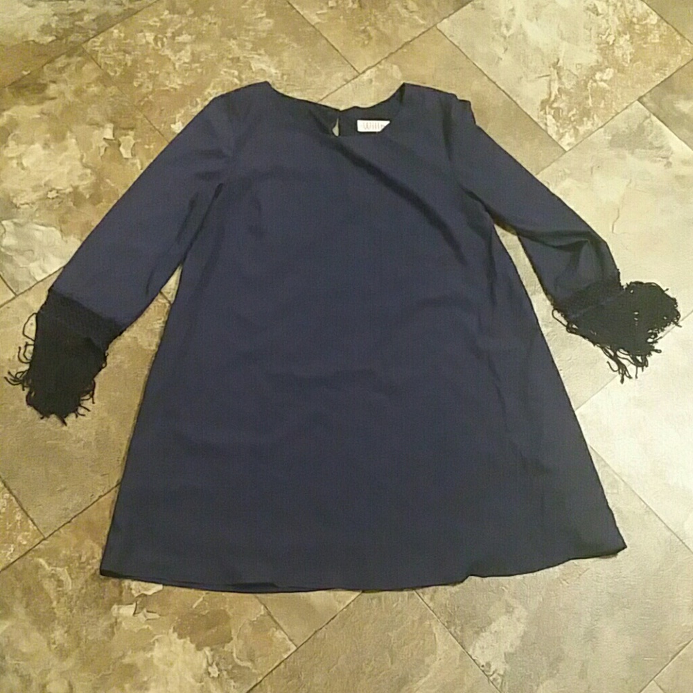 Navy Dress With Fringe Sleeves