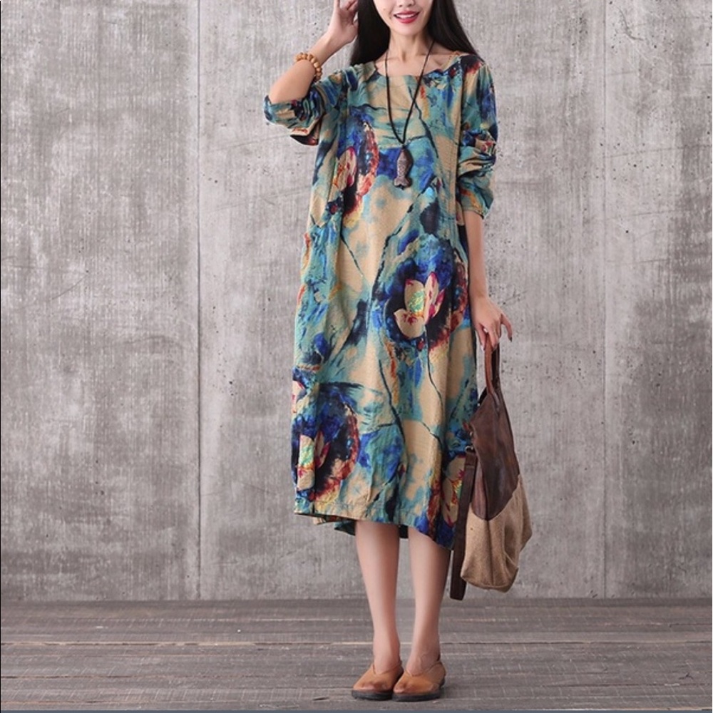 BOHEMIAN DRESS IN BLUE WITH FLORAL PRINT - Picture 3 of 8