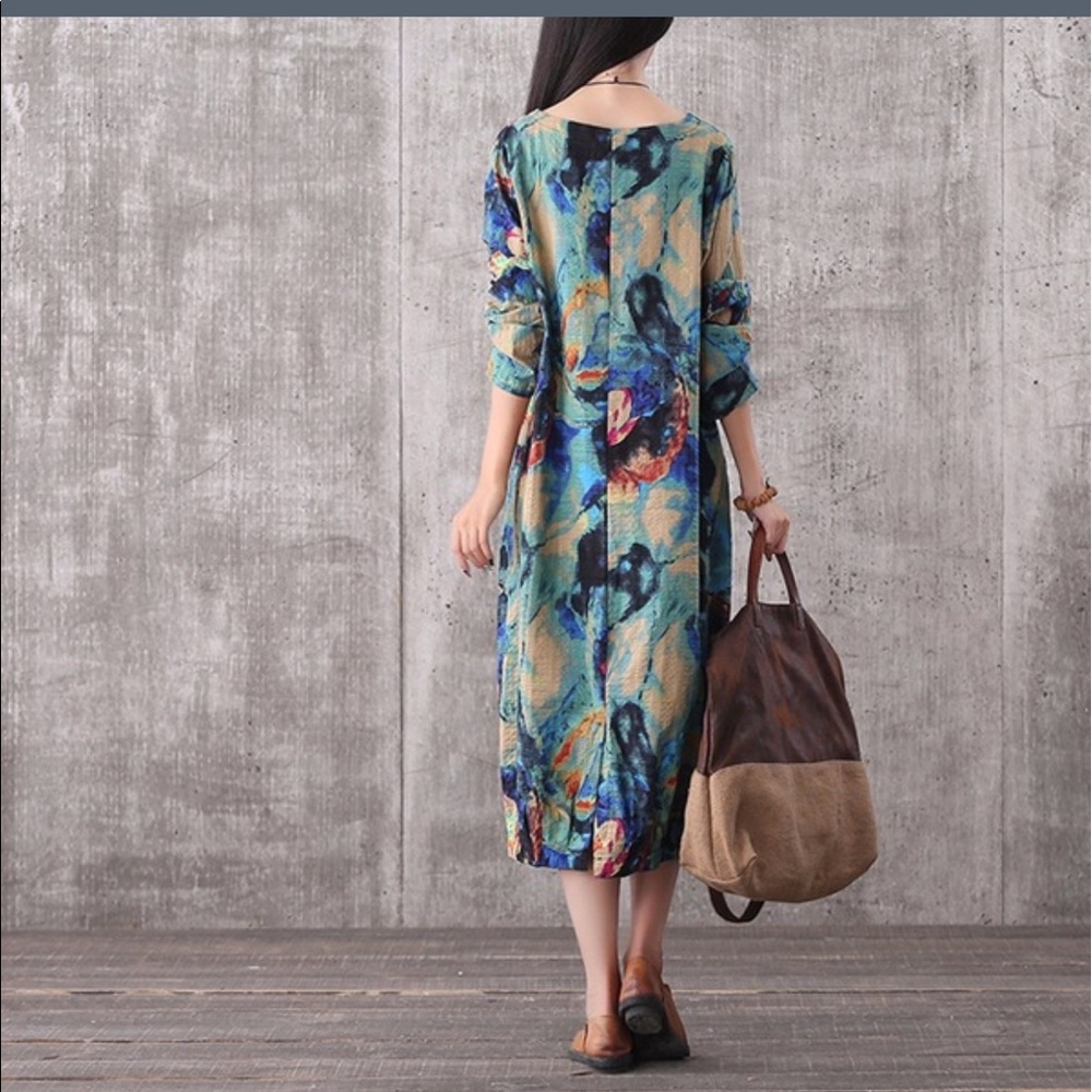 BOHEMIAN DRESS IN BLUE WITH FLORAL PRINT - Picture 4 of 8