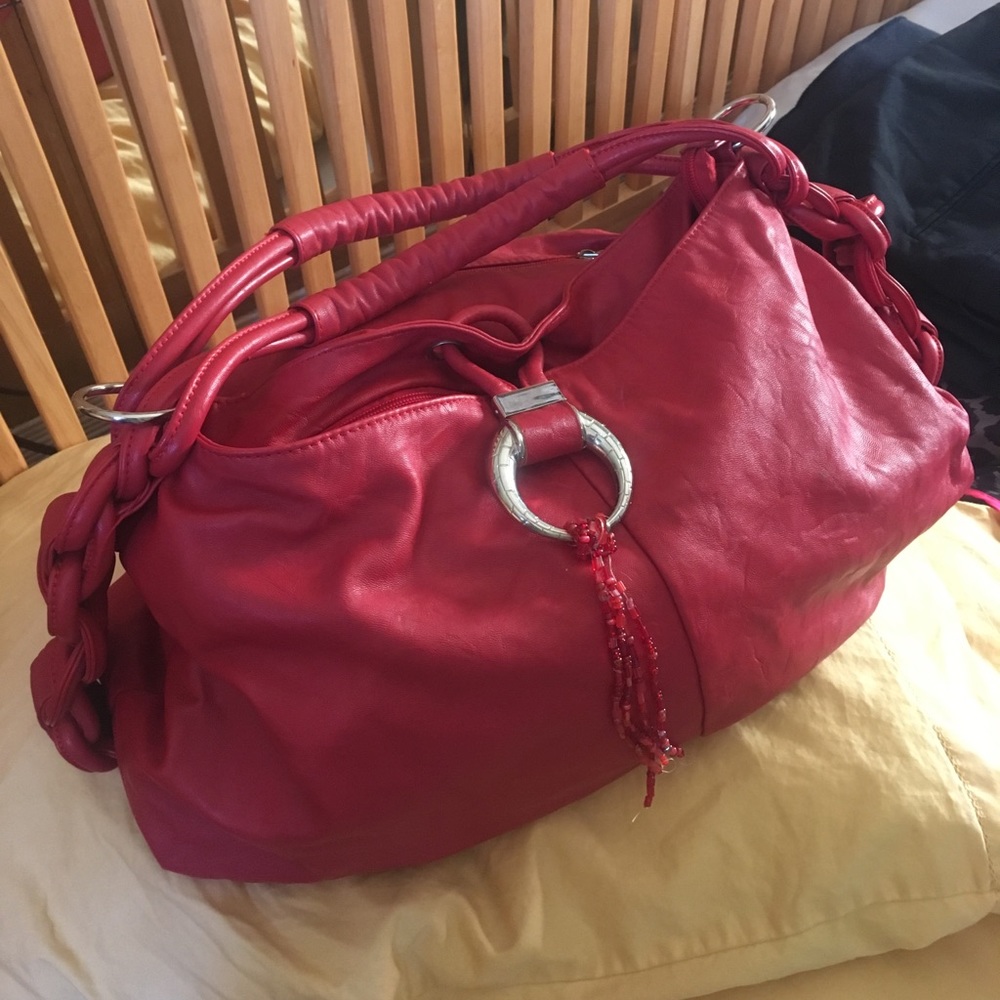 Red Faux-Leather Hobo Bag