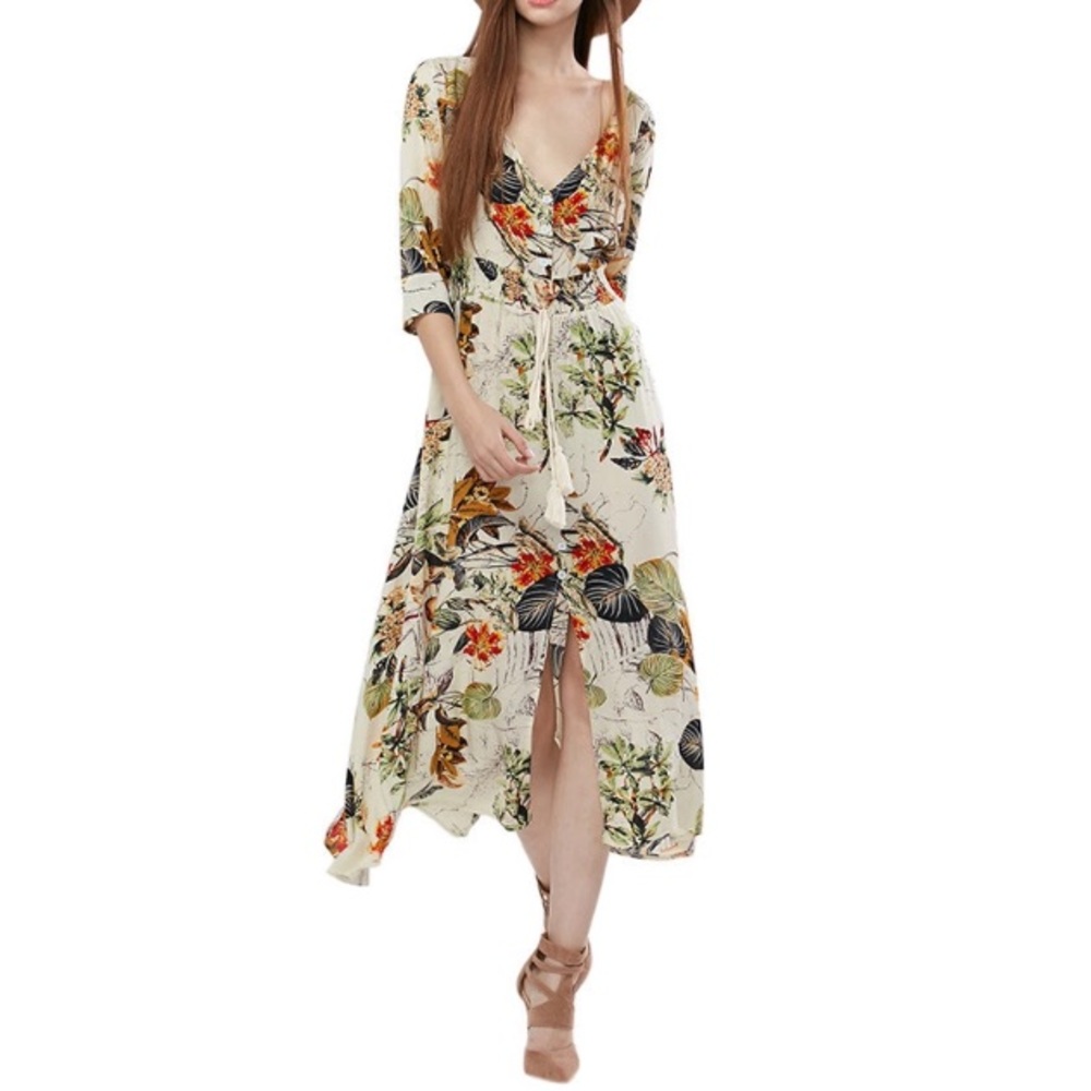 Vintage Bohemian Ethnic Print 3/4Sleeve Maxi Dress