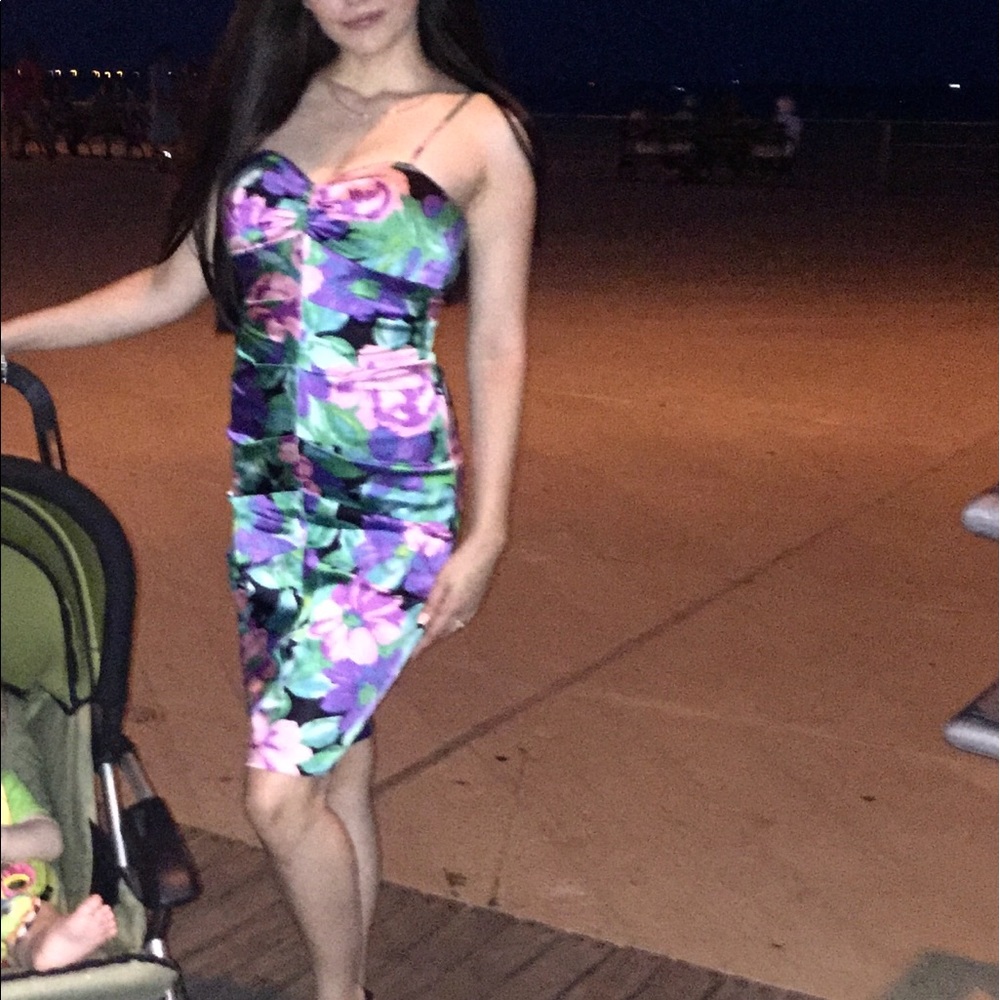 Cache Floral Silk Ruched Cocktail Prom Dress sz 6