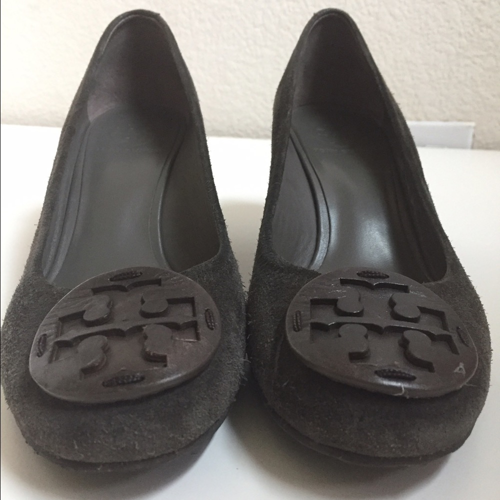 Tory Burch charcoal gray suede wedges, size 9.