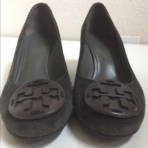 Tory Burch charcoal gray suede wedges, size 9.