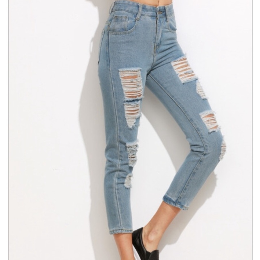 Blue Ripped Ankle Jeans