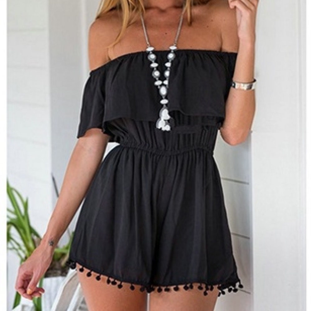 SOLD✨Black Pom Pom trim off the shoulder romper