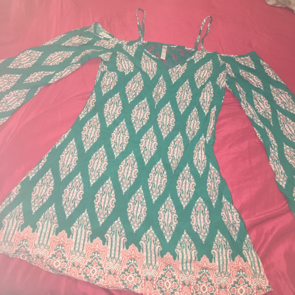 turquoise cold shoulder dress