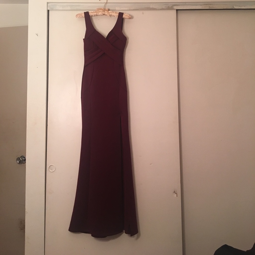 Burgundy prom dress with slit