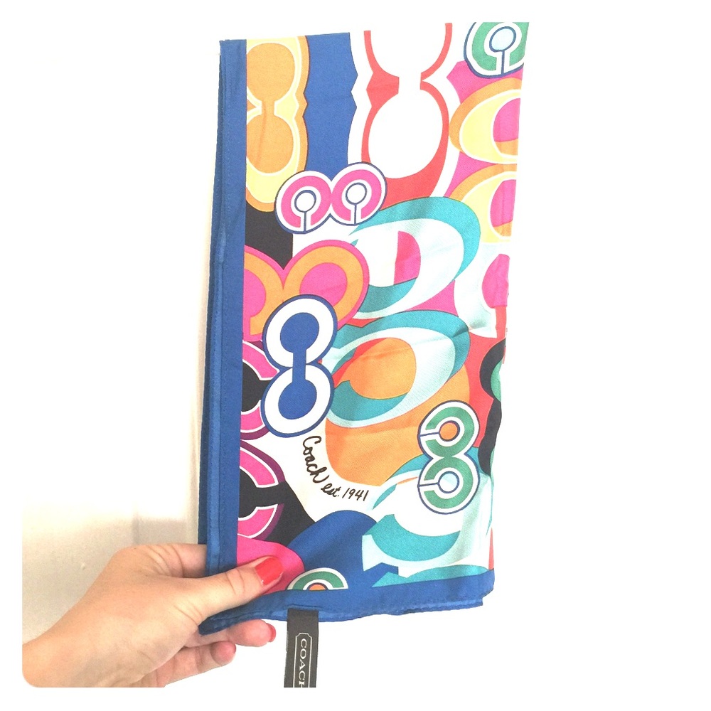 Coach Poppy logo multicolor scarf 100% silk.