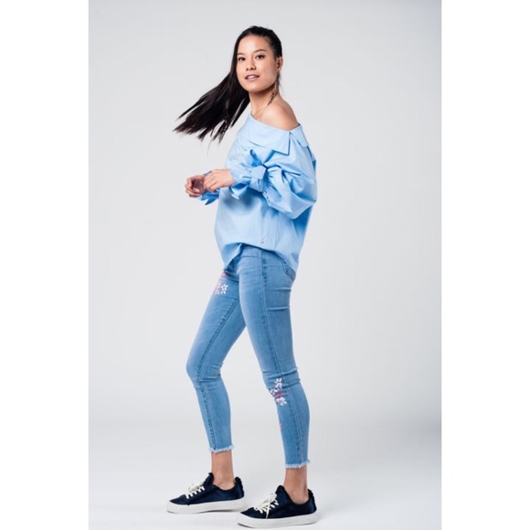 Blue Cold Shoulder Shirt w/ Laced Cuffs - Picture 2 of 11