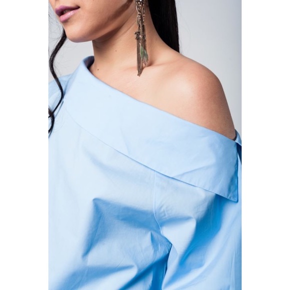 Blue Cold Shoulder Shirt w/ Laced Cuffs - Picture 3 of 11