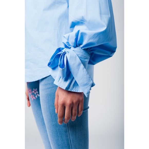 Blue Cold Shoulder Shirt w/ Laced Cuffs - Picture 5 of 11