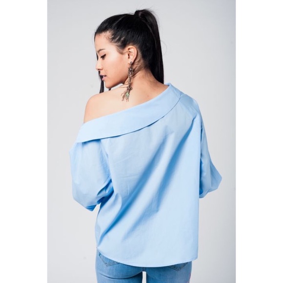 Blue Cold Shoulder Shirt w/ Laced Cuffs - Picture 6 of 11