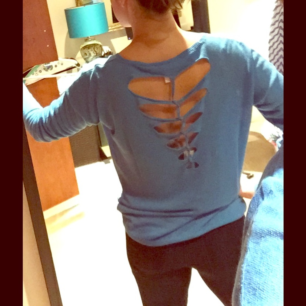 BCBGeneration blue sweater w edgy back cut outs