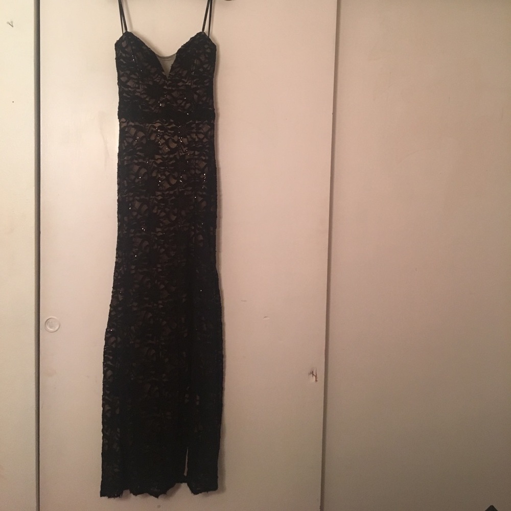 Black strapless prom dress with slit