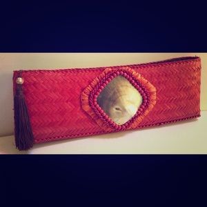 Adrienne Vittadini Clutch Red Straw Shell Bag