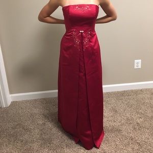 Red prom dress with silver embroidered accents