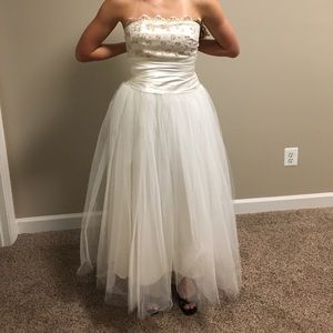Strapless white and gold prom dress