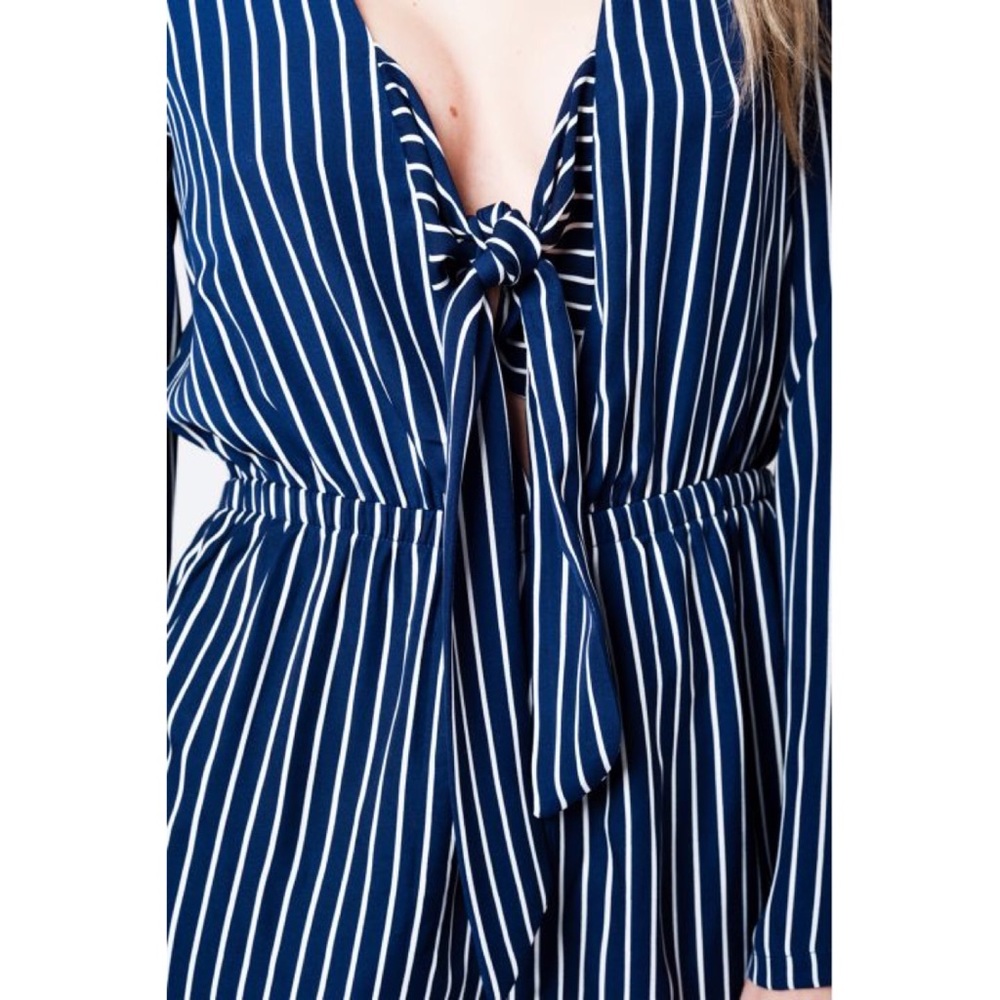 Navy Striped Romper w/ Deep Neckline and Bow - Picture 4 of 8