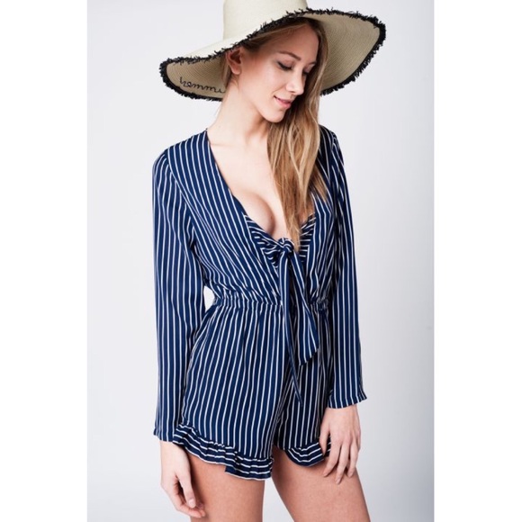 Navy Striped Romper w/ Deep Neckline and Bow - Picture 2 of 8