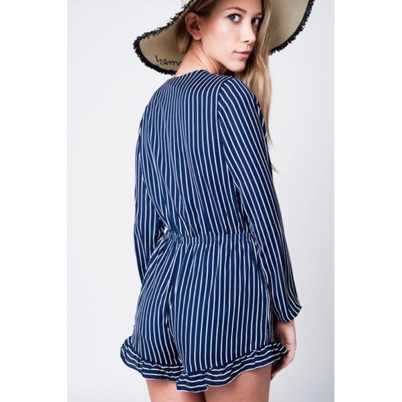 Navy Striped Romper w/ Deep Neckline and Bow - Picture 3 of 8