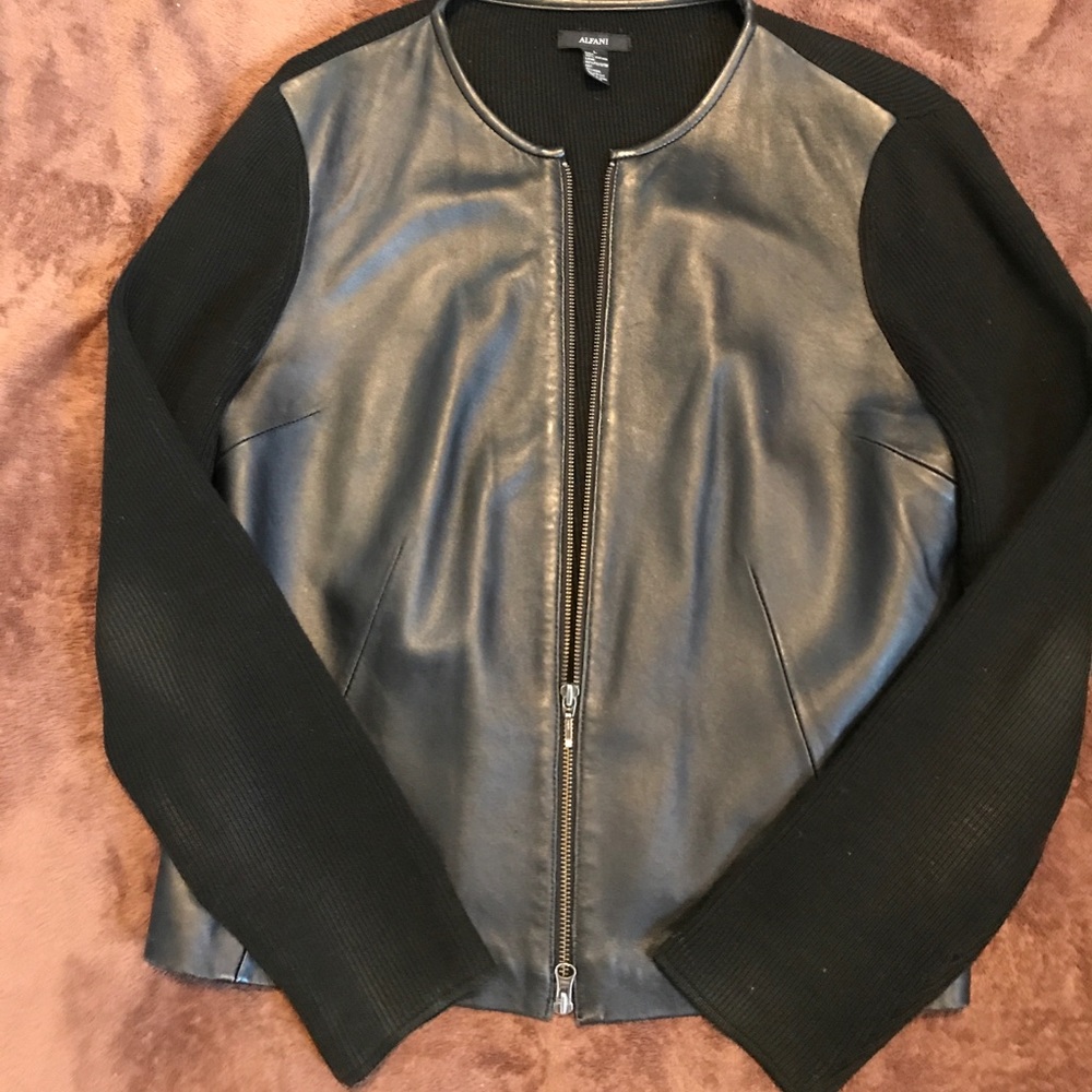 Alfani Black 100% Leather Front & Sweater Jacket