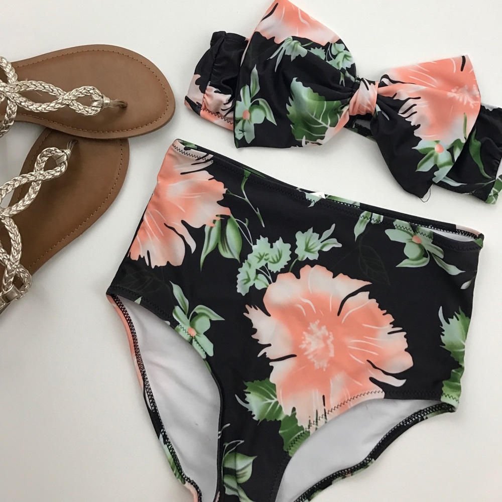 Black floral bandeau bikini top - Picture 1 of 2