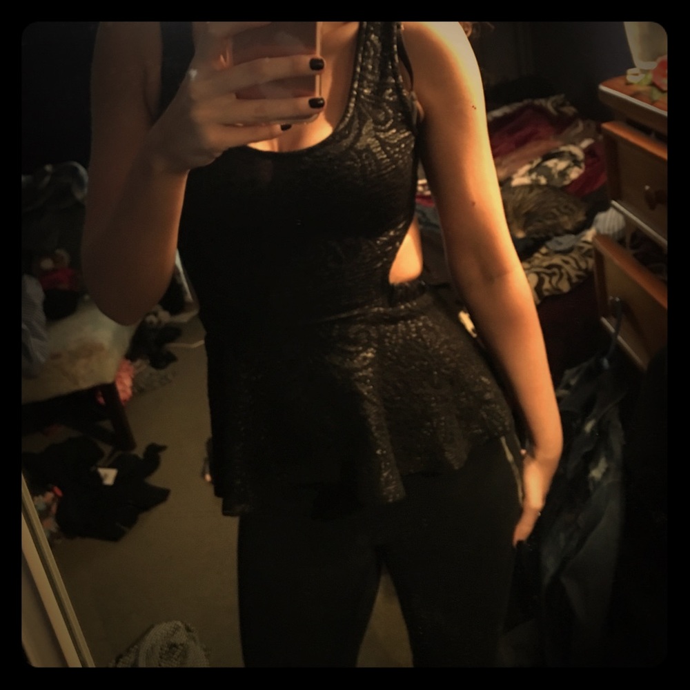Black open back peplum top