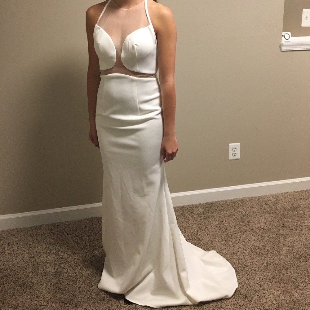 White mesh cutout prom dress
