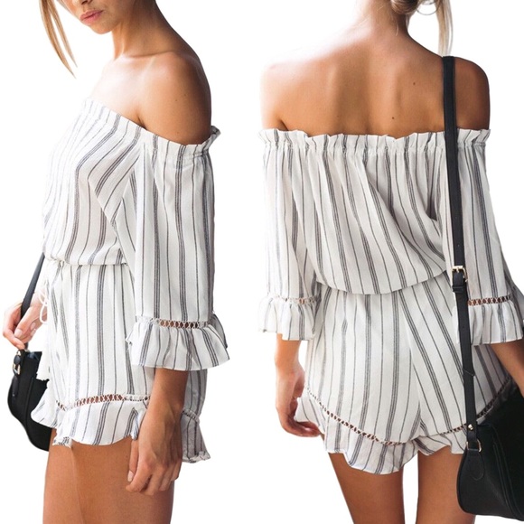 Off Shoulder White Striped Ruffled Romper - Picture 4 of 5