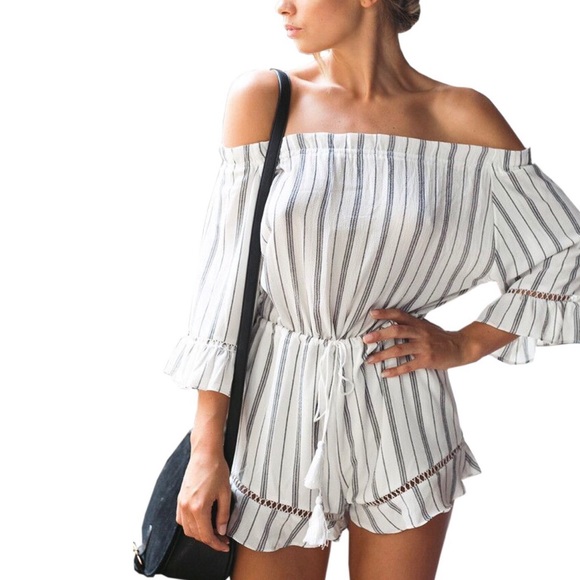 Off Shoulder White Striped Ruffled Romper - Picture 3 of 5