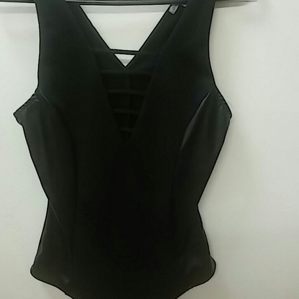Black v-neck bodysuit cotton and leather