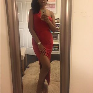 BEBE-one shoulder asymmetrical red dress