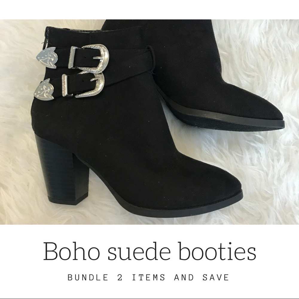 Boho suede black booties western buckle sz 6