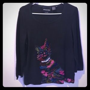 Halloween Beaded Cat Black Silk Sweater