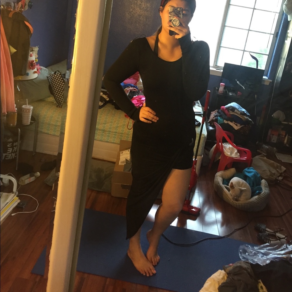 black long sleeve asymmetrical dress