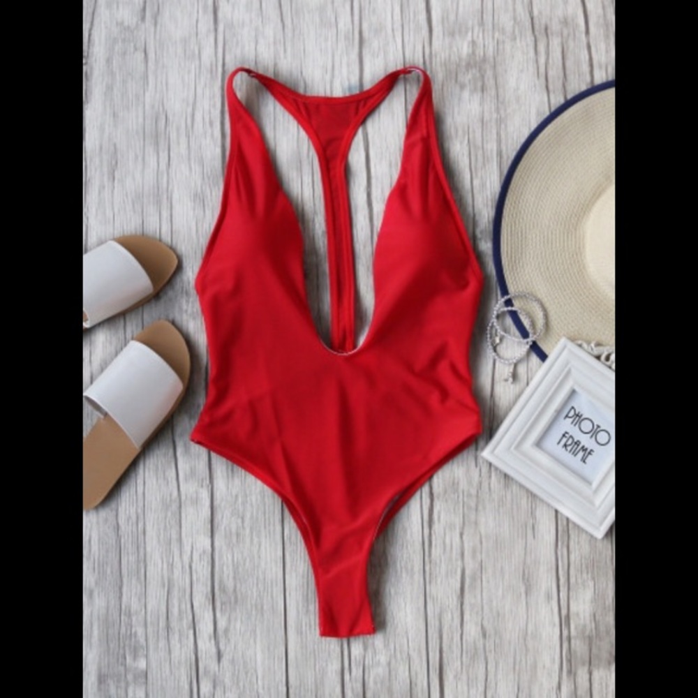 Red Plunge Neck One Piece Swimsuit