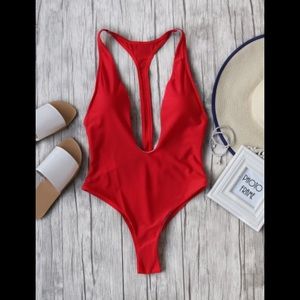 Red Plunge Neck One Piece Swimsuit