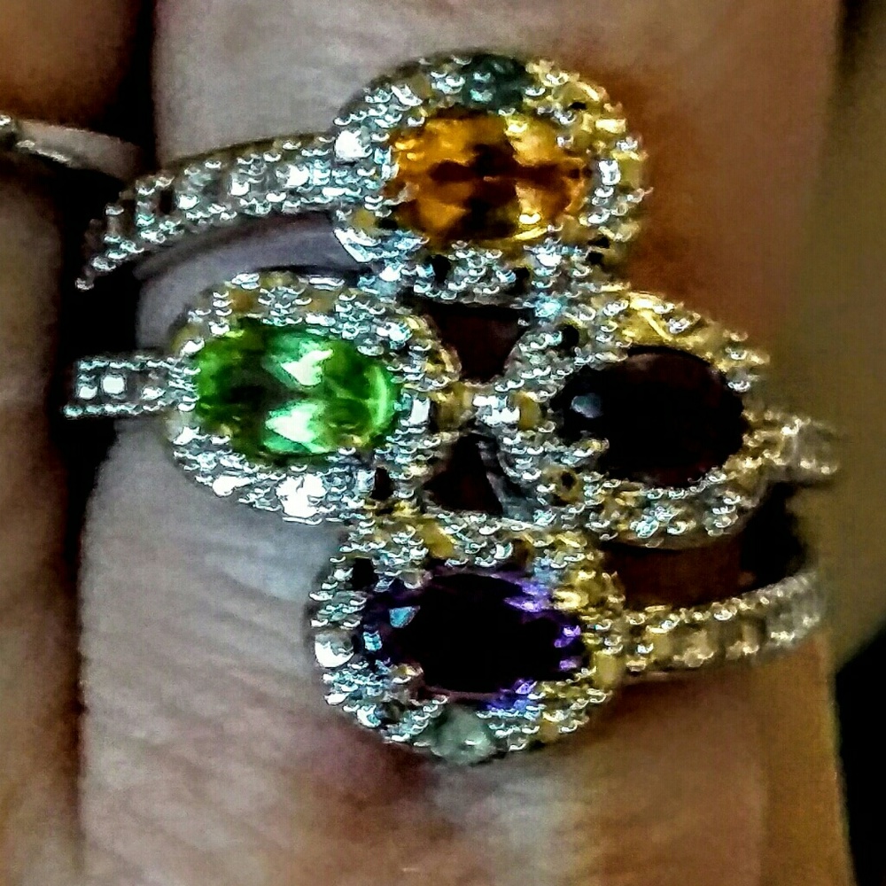 Sterling Silver Diamond, & multi gem ring