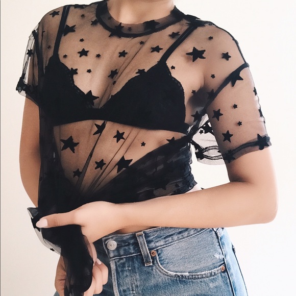 Black stars mesh sheer long tunic swim cover up - Picture 2 of 7