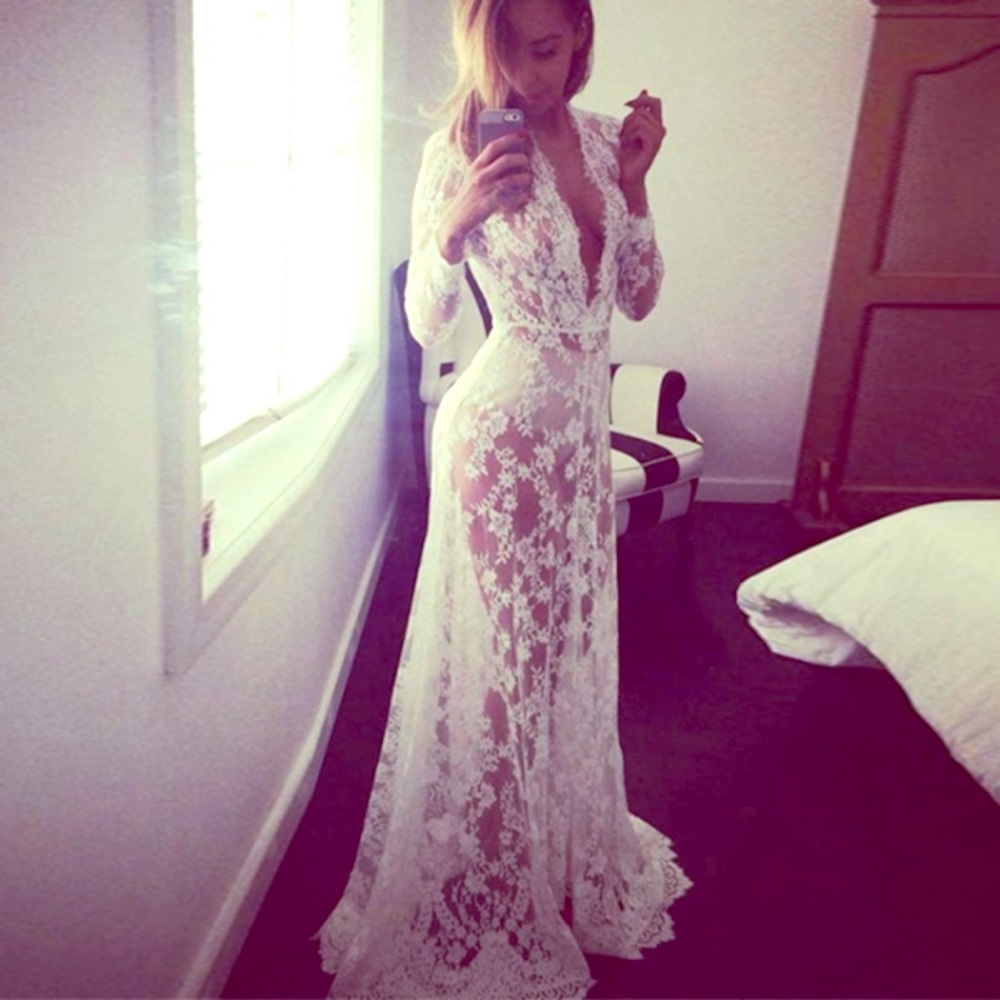 Eyelet lace plunge dress with train