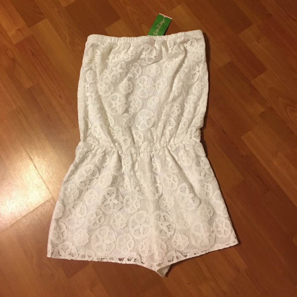 Sandollar white lace strapless romper OBO