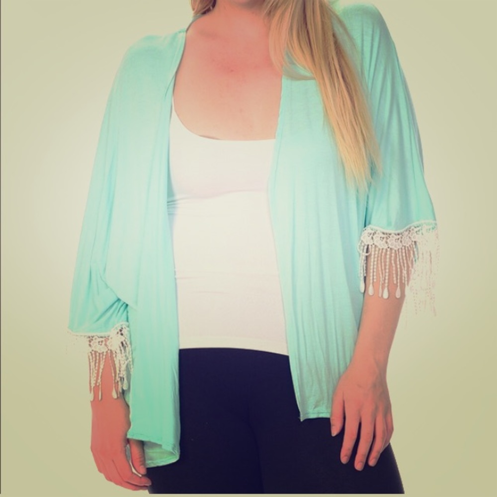 Turquoise Open front fringe cardigan